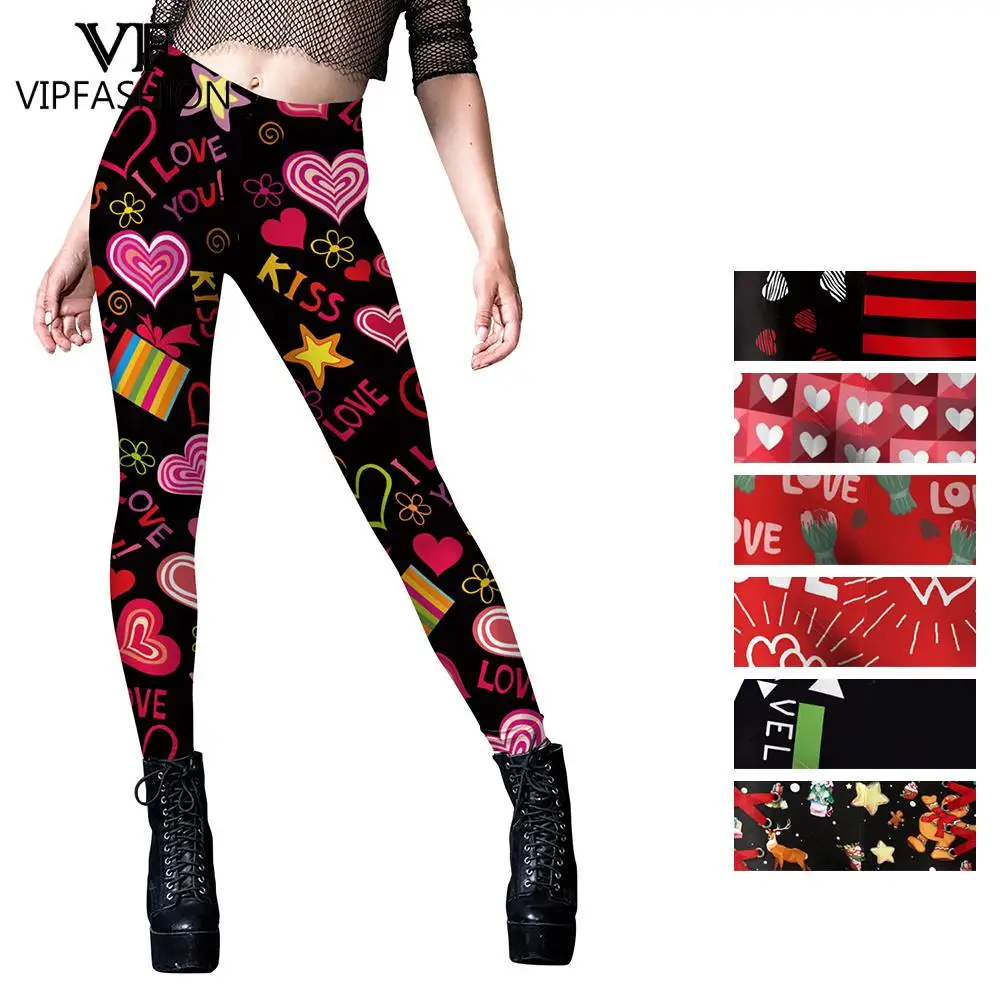 VIP FASHION Women Leggings Valentines Day Love Heart Stripe Print Workout Pants Slim Fitness New Year Gym Stretch Leggins Mujer