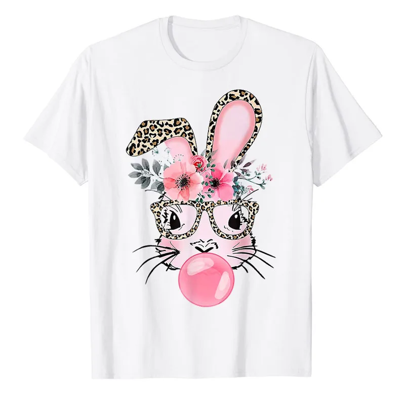 Cute Bunny with Leopard Glasses Bubblegum Easter Day T-Shirt Funny Rabbit Graphic Tee Lovely Novelty Gifts Flower Print Y2k Top