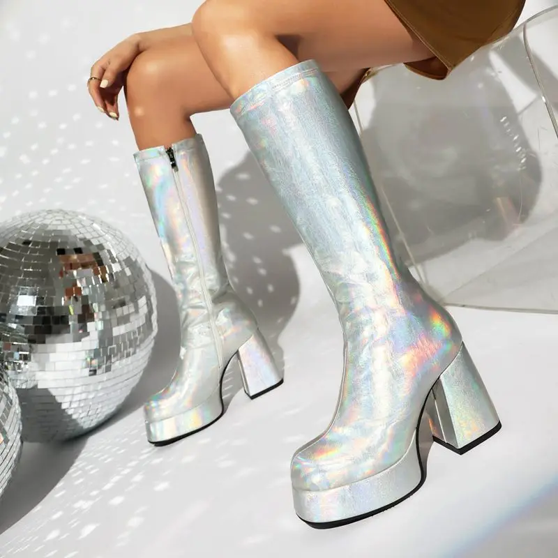 

Girseaby модные женские высокие сапоги с круглым носком на массивном каблуке 9,5 см на платформе 3 см, большой размер 47 48 Sext для вечеринок и свиданий Bota