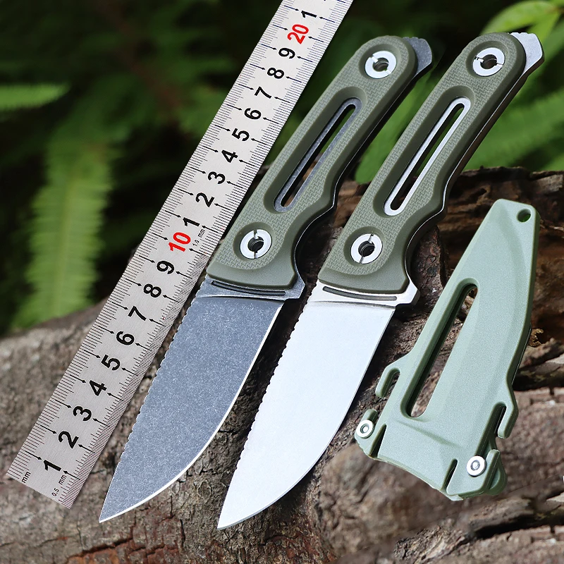 

Fixed-blade straight knife with plastic sheath, suitable for outdoor hunting, camping, and tactical use.