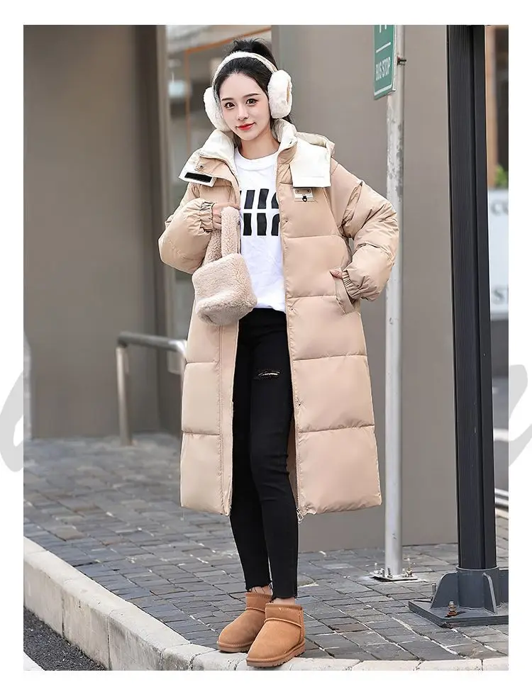 Long Hooded Puffer Coat Women Contrast Collar Warm Quilted Parka Zip‑Up Loose Windproof Winter Outerwear Ladies Padded Jacket