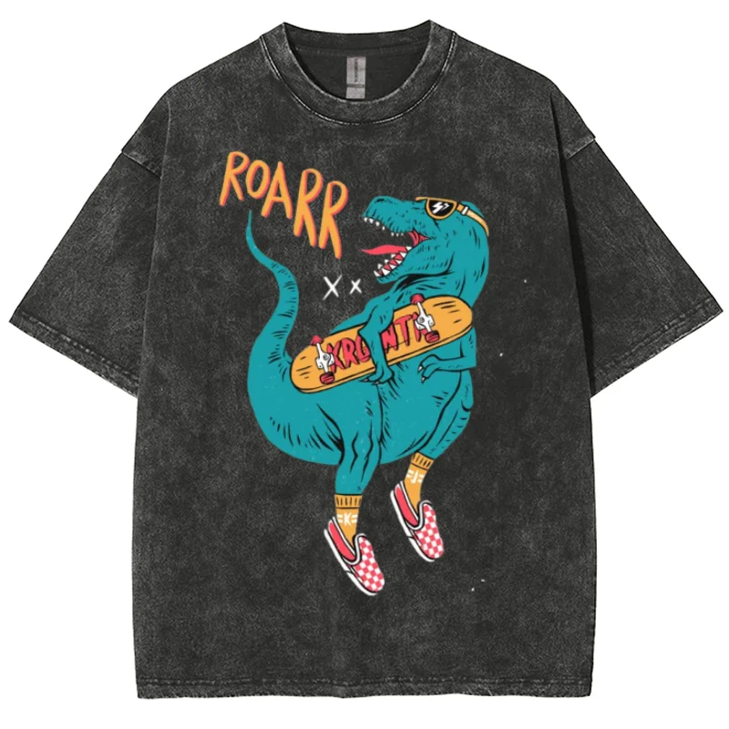 Cartoon Skateboard Dinosaur Print T-Shirt Retro And Old Washed Denim Loose Shoulder Round Neck Fashion Trend Short Sleeve