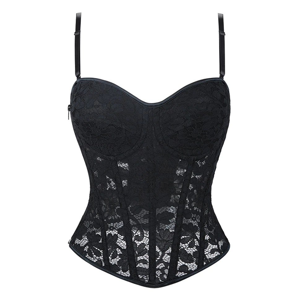 Wechery Damen Spitzenkorsett-Oberteil mit Reißverschluss vorne, Bustier, Taillenformer, Schnürung hinten, sexy Dessous, Y2K Gothic Camisole Tanktops – Detail 2