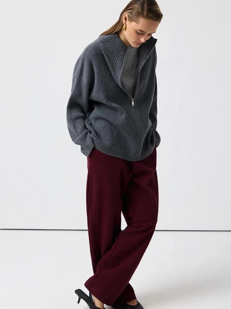 2025 Autunno e Inverno Moda Nuove Donne Elegante Cardigan di Lana Lavorato a Maglia Cerniera Stand Up Colletto a Maniche Lunghe Giacca Calda Spessa