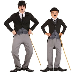 Halloween Carnival Party Funny Mime Actor Cosplay Movie Star Stage Play Master Chaplin Black Hat Beard Costume for Adult Kids