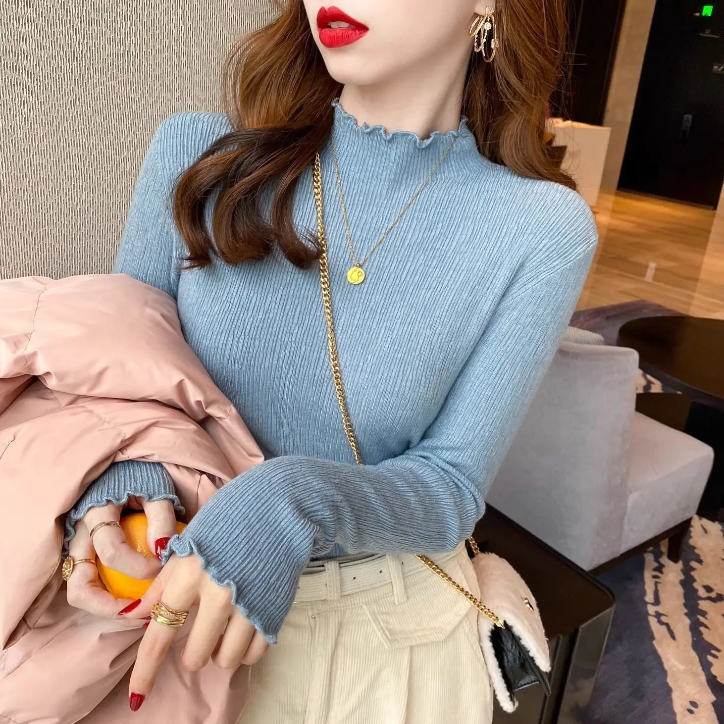 

High-End Women's Knitted Sweater Half High Collar Inner Wear T-Shirt Overhead Style Regular Sleeve Long Sleeve Pure Color