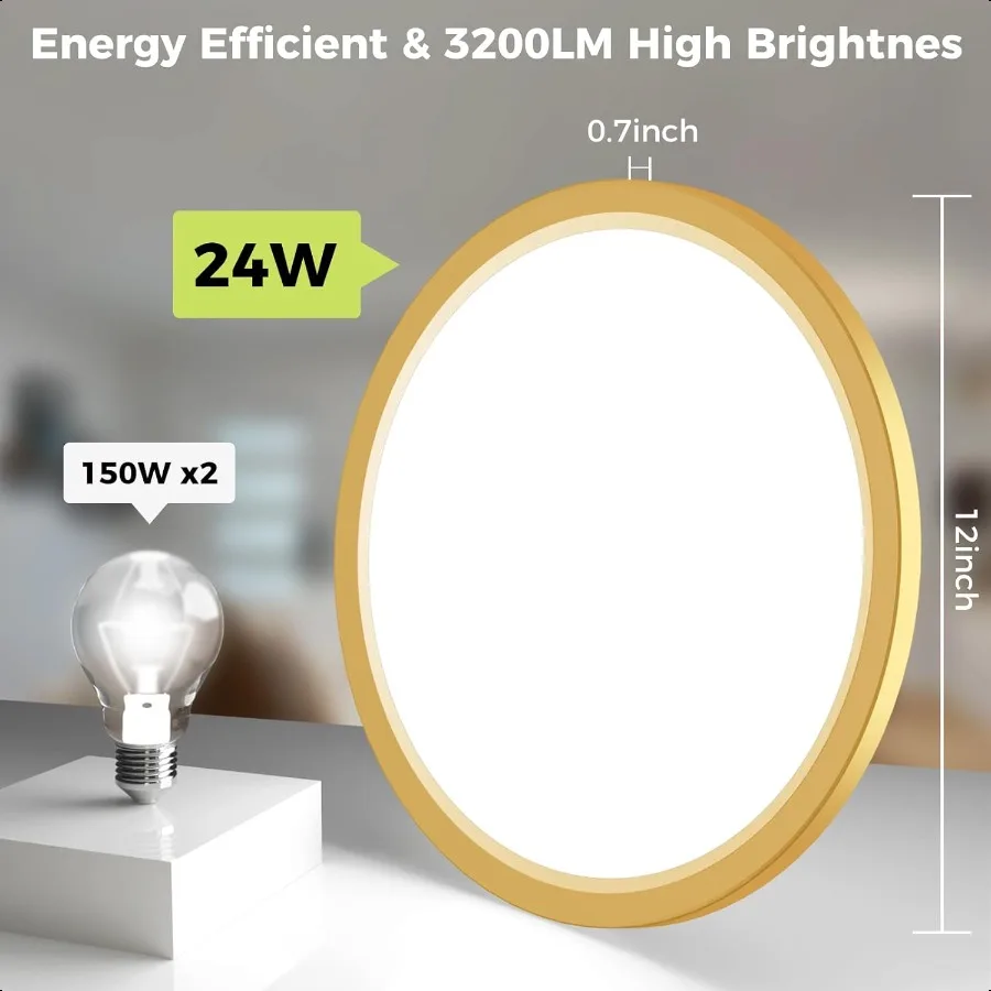 2 шт. светодиодный потолочный светильник заподлицо, золотой, 12 дюймов, 24 Вт, с регулируемой яркостью3000K6500K, регулируемые низкопрофильные потолочные светильники 3200LM M