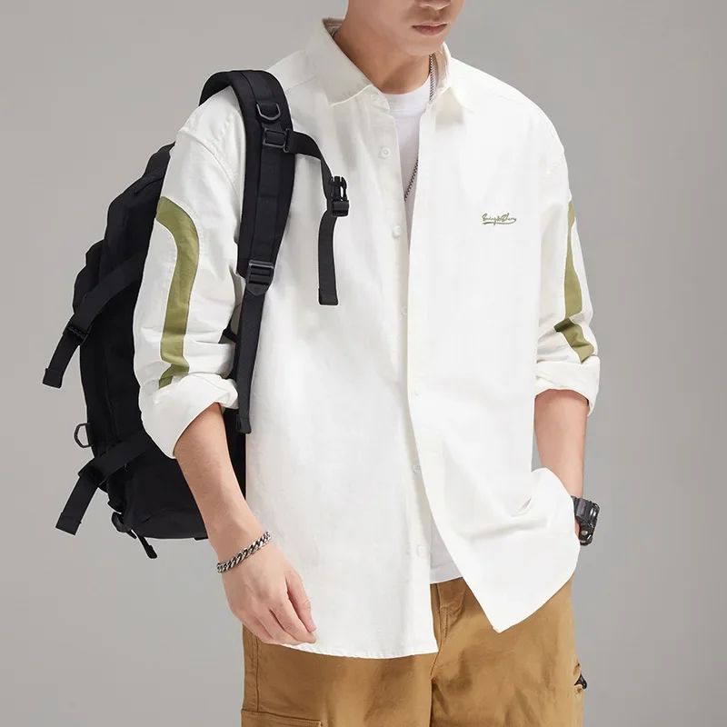 

Корейская модная мужская рубашка с длинным рукавом 4XL, дизайнерская рубашка в стиле пэчворк, уличная одежда, молодежные свободные топы, повседневная одежда из чистого хлопка для мужчин