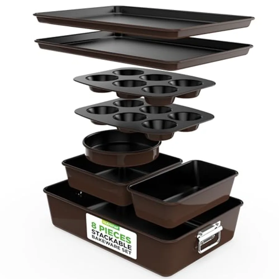 

8-Piece Nonstick Stackable Bakeware Set – Non Toxic Carbon Steel Baking Trays W/Cookies Sheet Muffin, Loaf, Cake, Round & Square