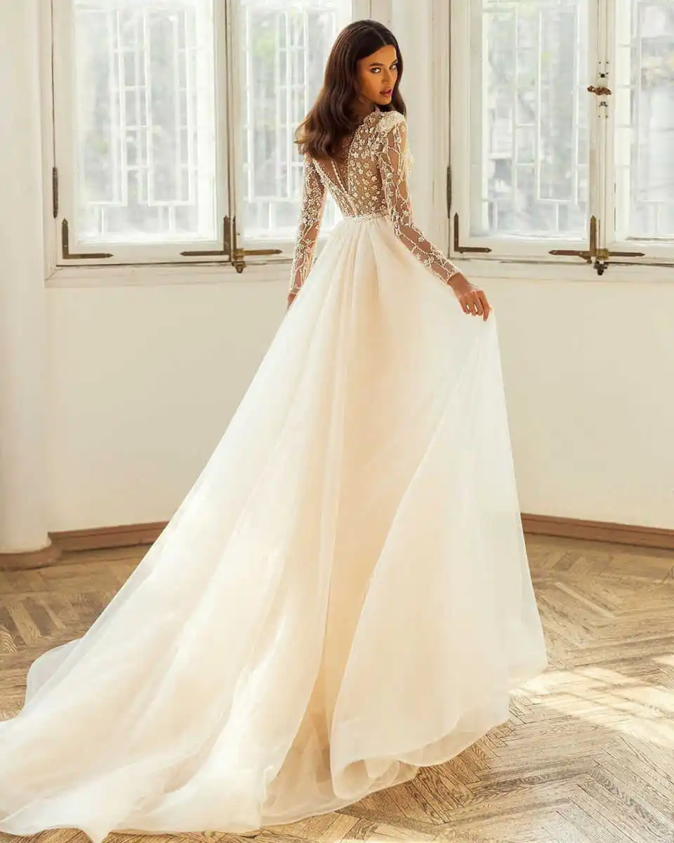 Graziosi abiti da sposa a sirena con scollo a V Appliques Paillettes Abiti da sposa a maniche lunghe Abiti da ballo Vestido de novia Personalizzato