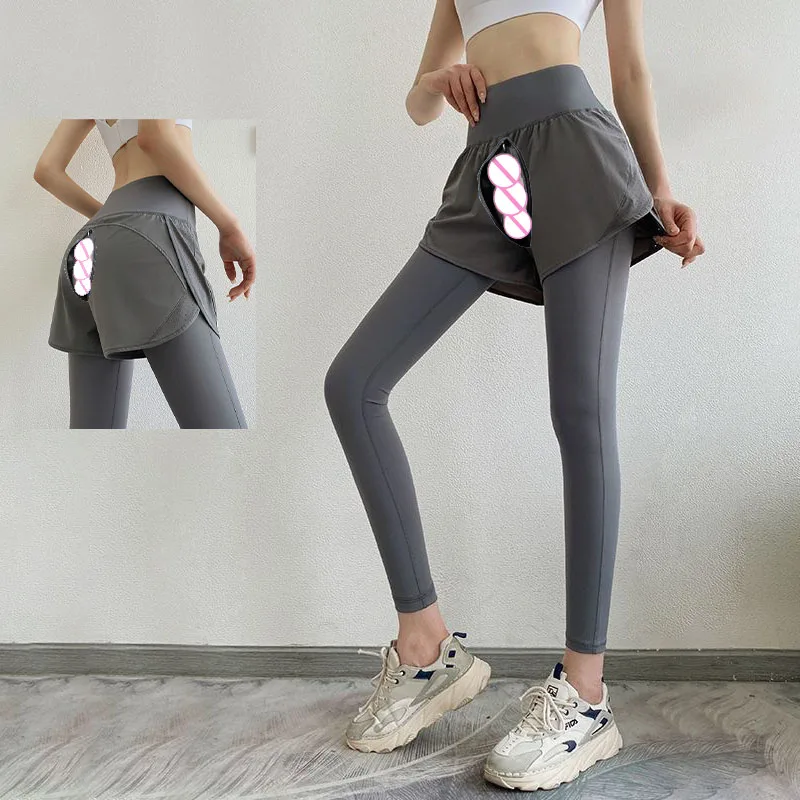 Open Crotch Outdoor Sex High Waist Workout Pants with Pockets Tummy Control Yoga Running Fitness Joggers Women Leggings Push Up