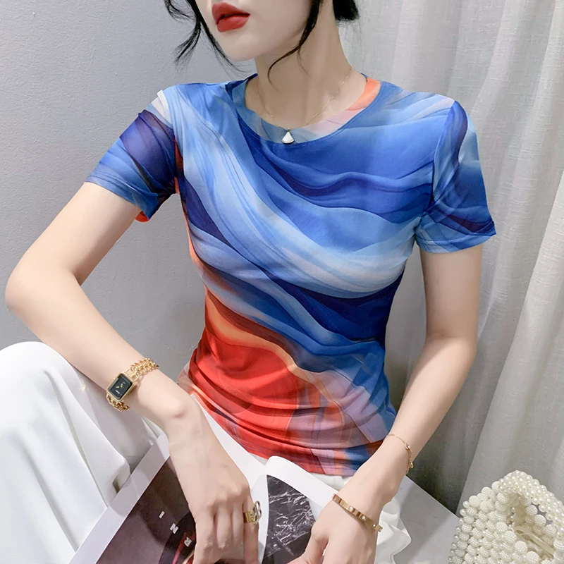 Size S-3XL Fashion Located Printing Mesh T-shirt Women's Summer New T Shirts Short Sleeve O Neck Tee Top For Female