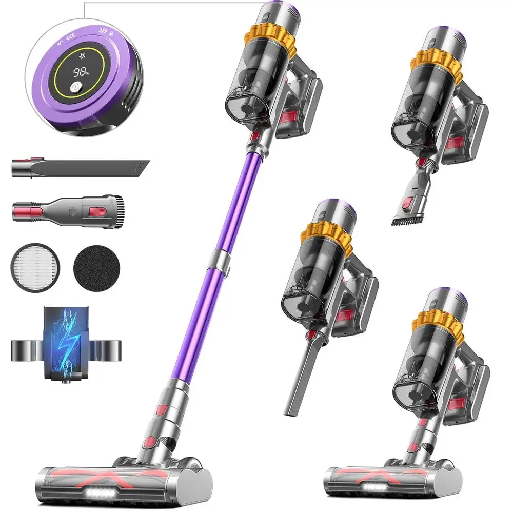 550W 45Kpa Cordless Vacuum Cleaner LED Screen Wall Mount 70Mins Runtime HEPA Filter Wall-mounted Charging Home Stick Vacuum Low