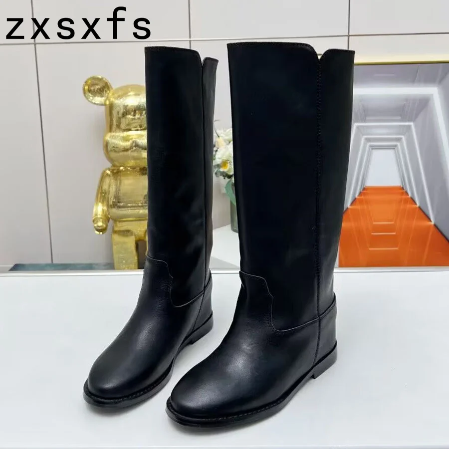 

Autumn Real Leather Ankle Chelsea Boots Women Hide Heel Round Toe Long Motorcycle Boots Flat Casual Shoes Designer Botas Mujer