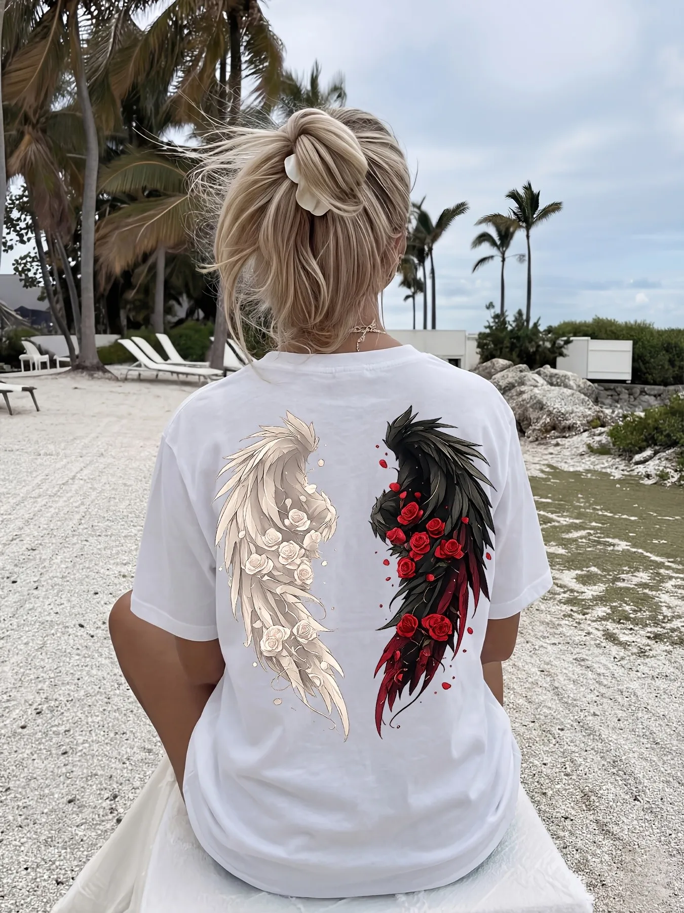 Summer women's T-shirt with wing pattern lightweight and breathable suitable for casual roller skating hip-hop and streetwear