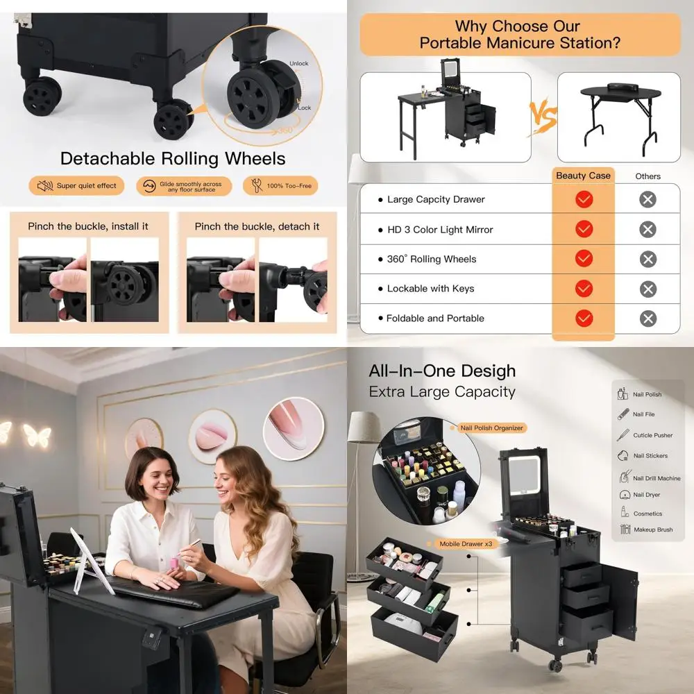 

Портативная маникюрная станция с 3 ящиками, запирающийся кейс для косметики со съемным зеркалом, передвижной стол для маникюра для профессионалов, черный