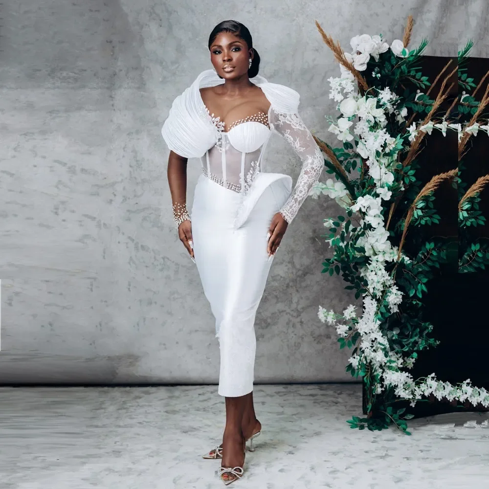 

Customized 2026 New Fashionable Retro Long Sleeved White Mermaid Wedding Dress Lace Rhinestone Slim Fit Pleated Sexy Bridal Gown