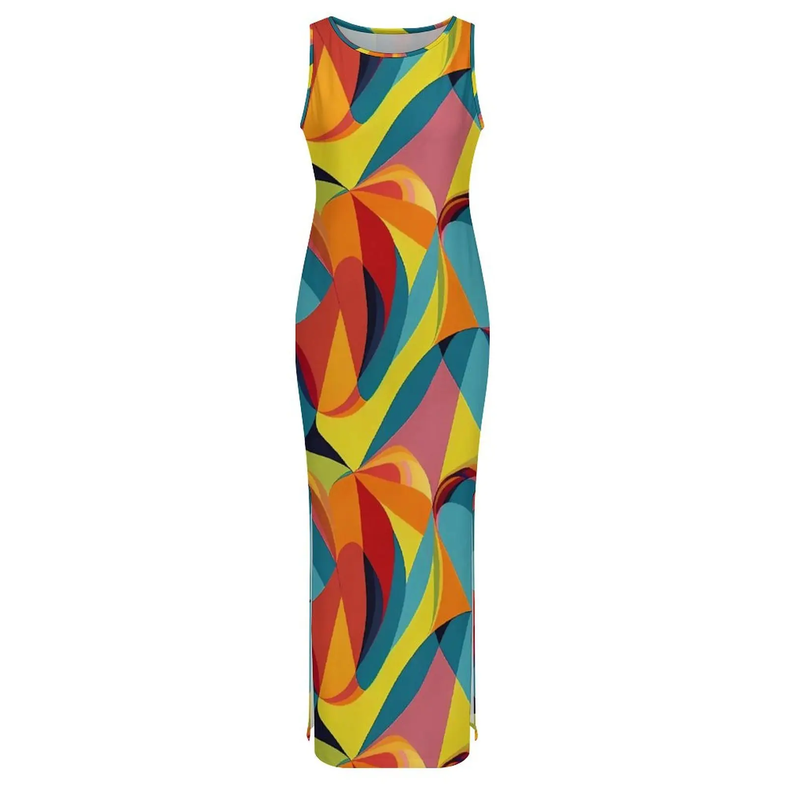 Colorblock bodycon vestido de verão abstrato impressão vintage maxi vestidos mulher sem mangas design rua wear vestido tamanho grande