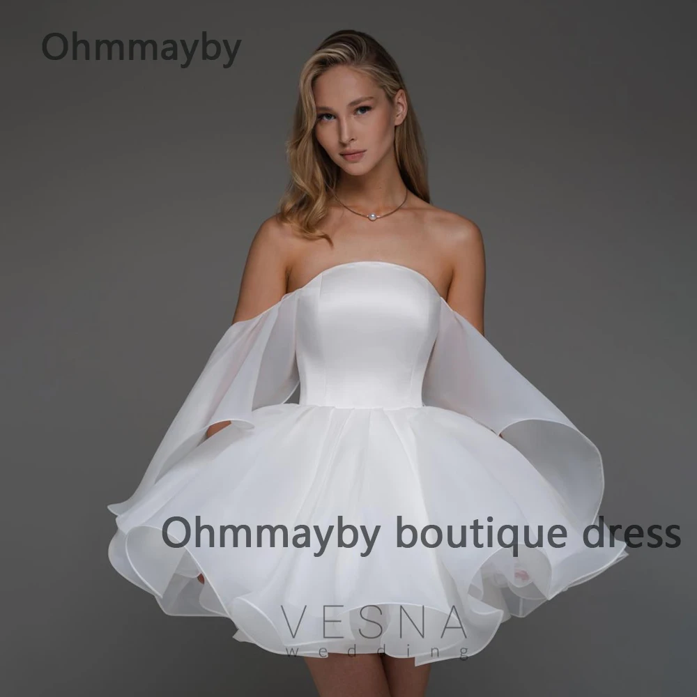 

White Organza Short Homecoming Prom Dresses with Sleeve Strapless Graduation Party Dress for Teens Evening Party Gowns