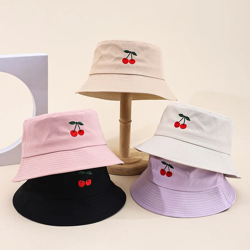 

Unisex Simple Popular Summer Bucket Hat For Women Embroidery Fruit Outdoor Solid Sunshade Casual Fisherman Cap Men Wholesale