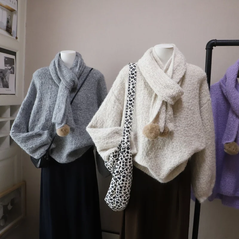 

Loose Lazy Korean Sle Women's Sweater with Scarf round Ne Knitwear Top Winter New Arrival Simple Sli Long Sve