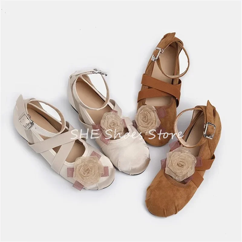 

Fashion Rose Decor Round Toe Ballet Flats Women Ankle Cross-Tied Mary Janes Shoes Ladies Party Dress Pumps Leisure Shoes