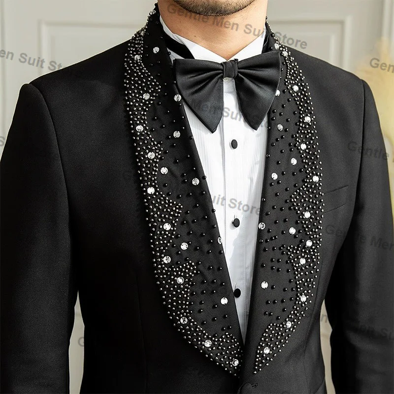 Black Crystals Men Suits Set 2 Piece Blazer+Pant Formal Office Prom Groom Wedding Tuxedo Cotton Coat Tailored Business Jacket