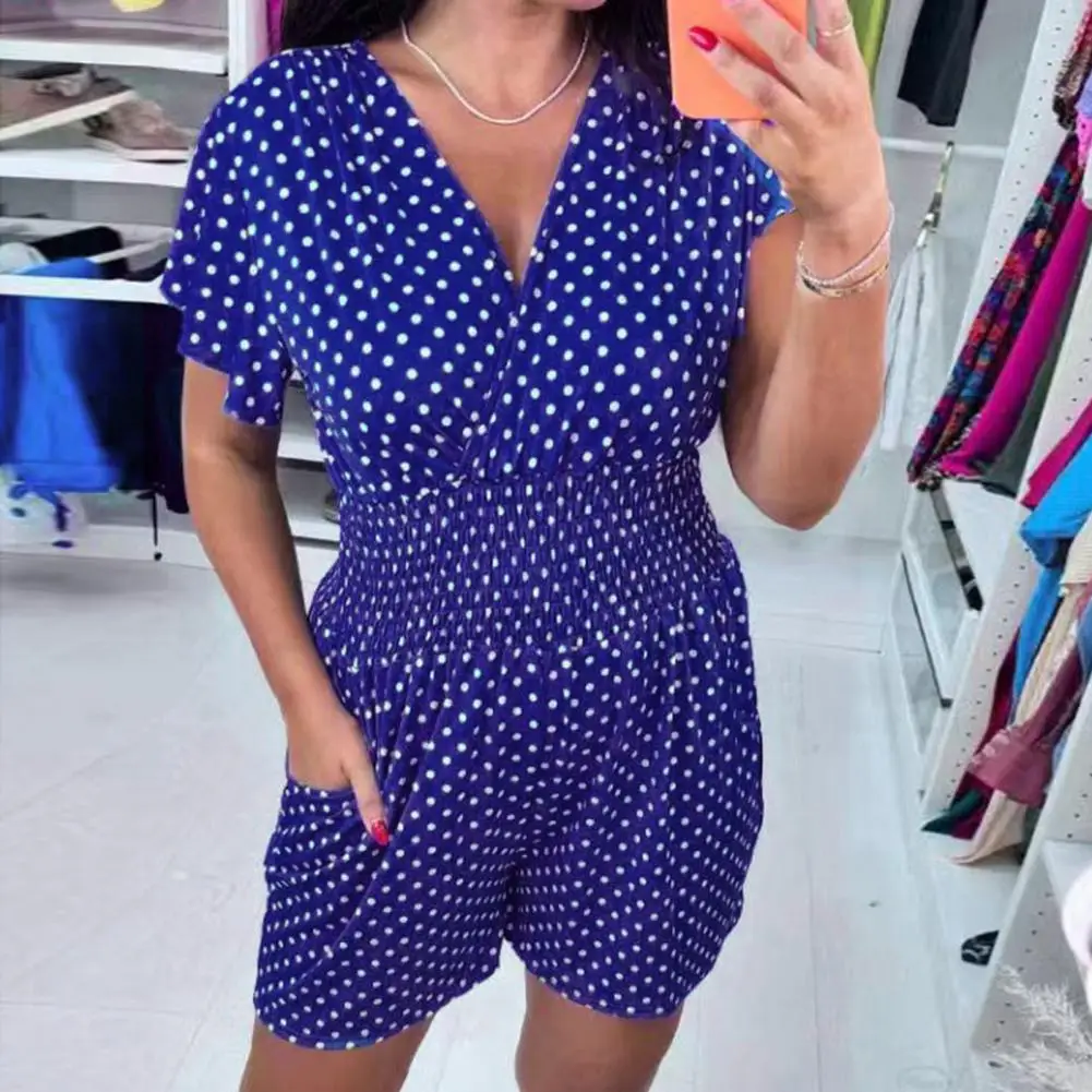 

Summer Jumpsuit Stylish Women's V-neck Jumpsuits with Side Pockets Dot Print Romper High-waisted Polyester Wide Leg for A