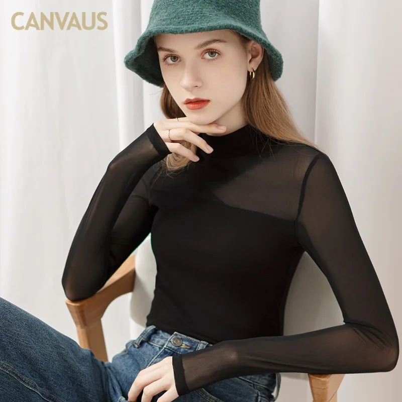 

European and American style women's spring new sexy mesh stitching half turtleneck bottoming shirt perspective