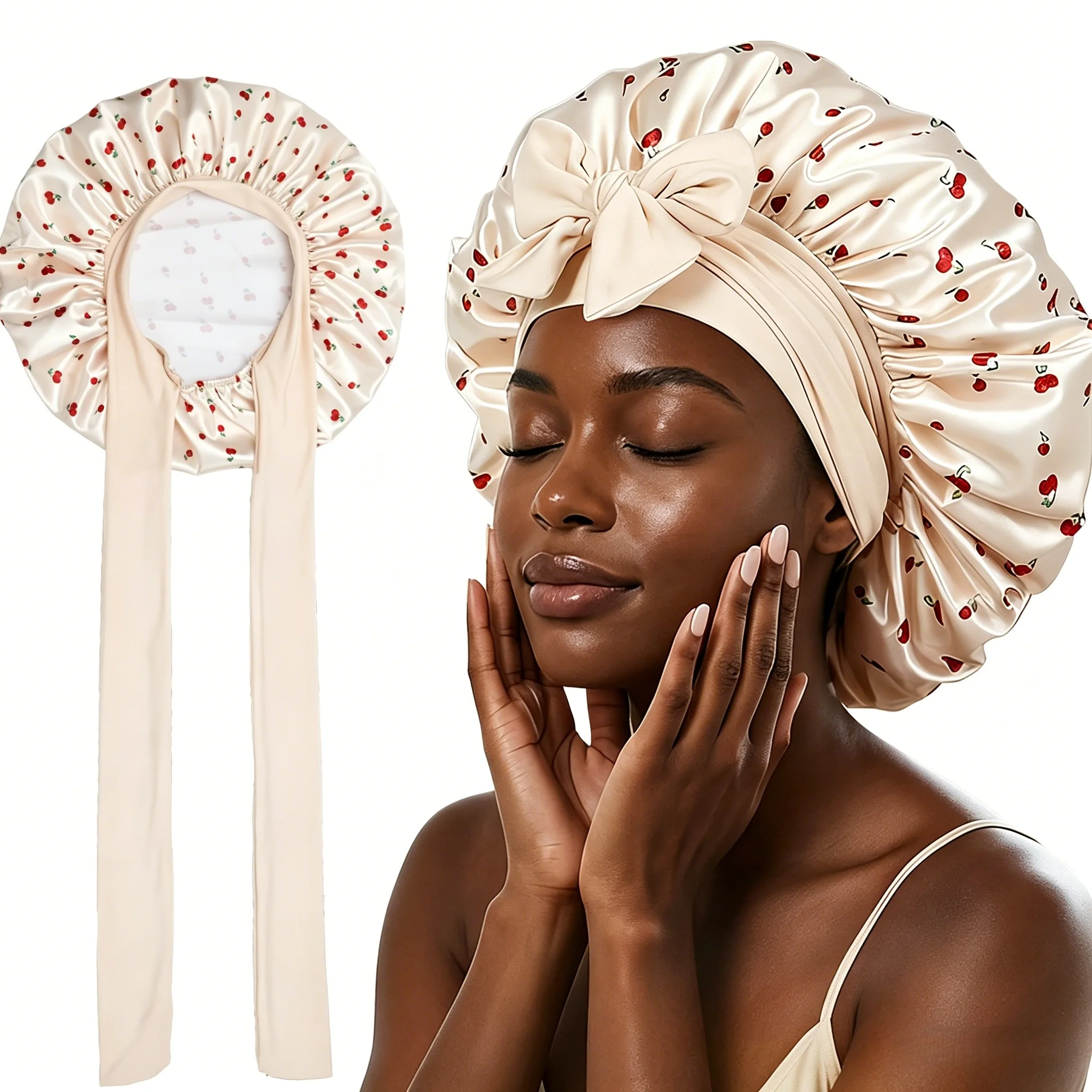 Beige Cherry Pattern Satin Women Bonnet Lace-Up Hair Care Sleep Cap Soft Breathable Night Hat Casual Home Sleeping Headwear