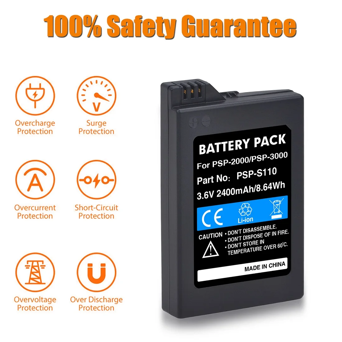 2400mAh 3.6V Li-ion Rechargeable Battery Pack / 3 Slots USB Charger for Sony PSP 2000/3000/ PSP  Lite, PSP Slim PSP-S110 Console