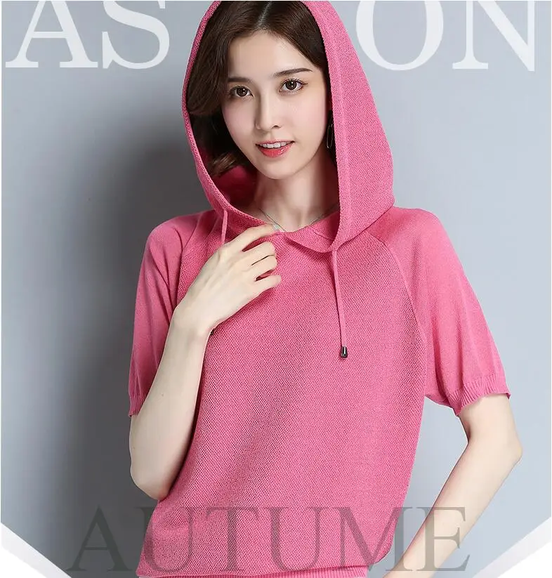 

Hooded Ice Silk Women Pullovers Jumper Loose Knitted Tee Shirt Summer Fashion Pure Color Short Sleeve T-Shirts Lady Female Tops