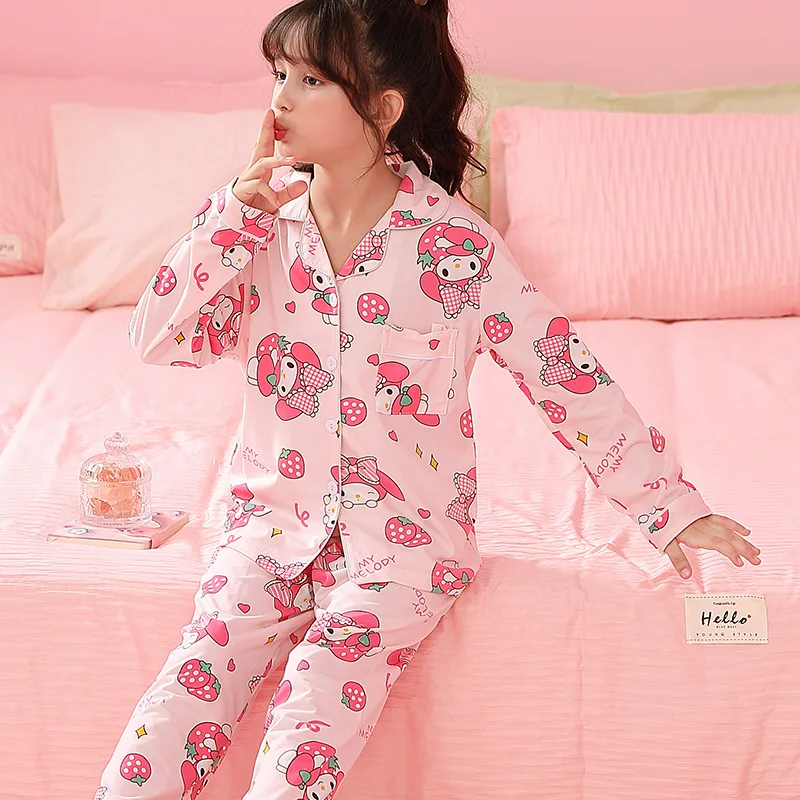 Sanrio Girls Pajamas Pajama Pants Home Clothes Cotton Loose Thin Long Sleeve Lapel Pajamas Set Cartoon Kuromi Hello Kitty Gift