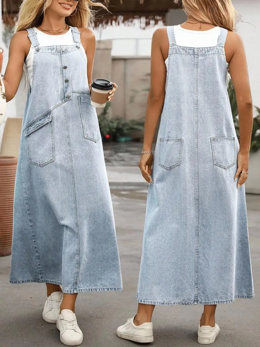 

Women's Loose Denim Jumpsuit Dress with Button Front and Pockets