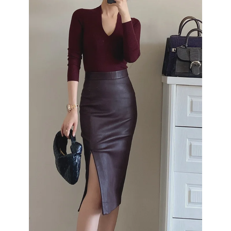 Elastic Sheepskin Skirts Women Spring Genuine Leather High Waist Body-covering Knee-length Skort Slit Height Adjustable Wine Red