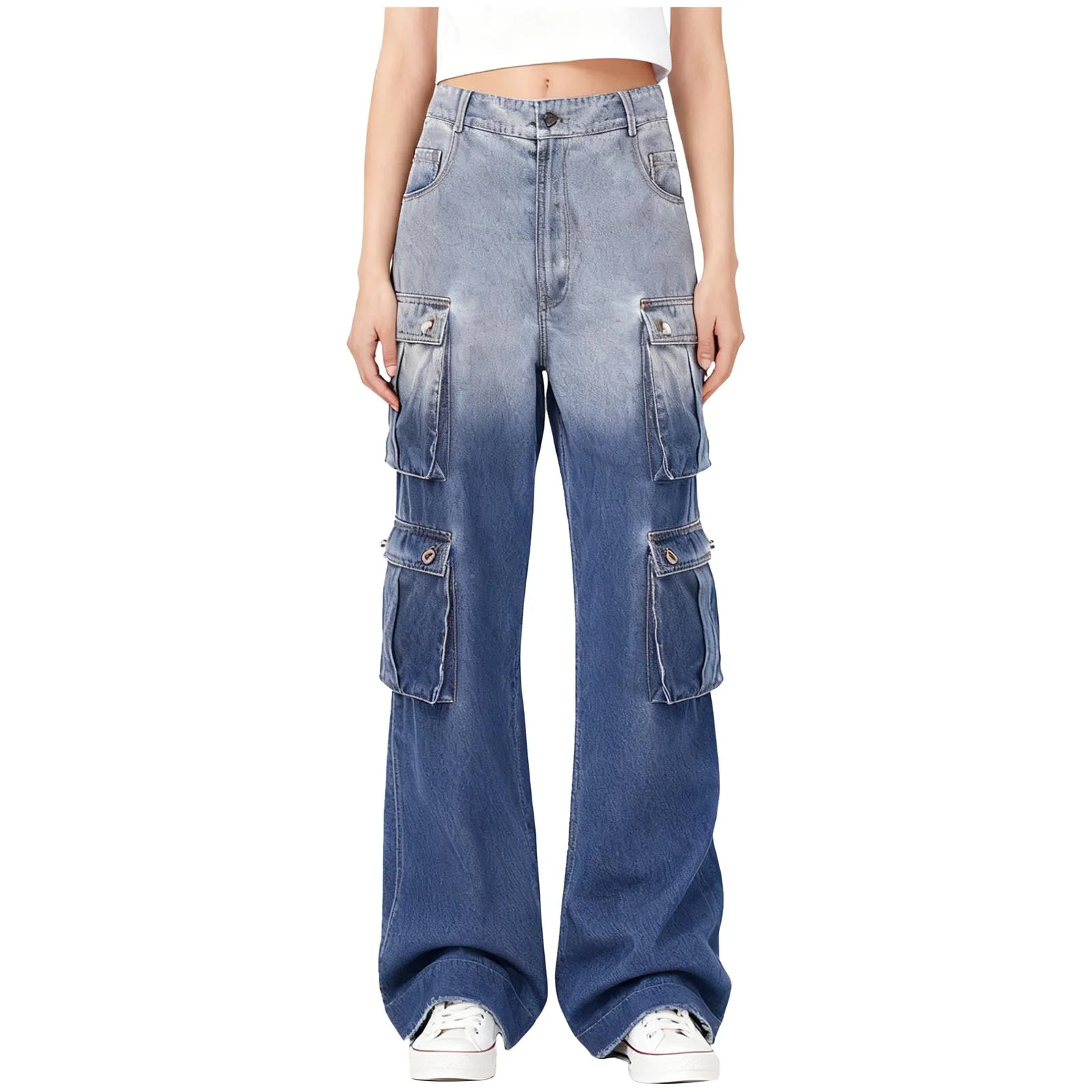 여성용 Y2K 배기 카고 진 플랩 포켓 하이웨이스트 그라데이션 와이드 레그 데님 팬츠 루즈 롱 팬츠 데일리 캐주얼 주말용