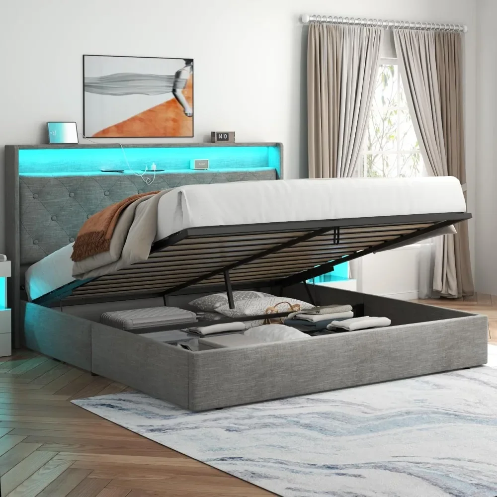 Lift Up Bed Frame with Charging Station & LED Lights,Upholstered Bed with Button Tufted Wingback Storage Headboard