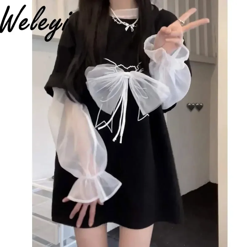 

Cutecore Japanese 2000s Style Retro Bow T-shirt Women's Sweet Chic Top 2024 Summer New Mid Length Short Sleeved Camisetas Blusas