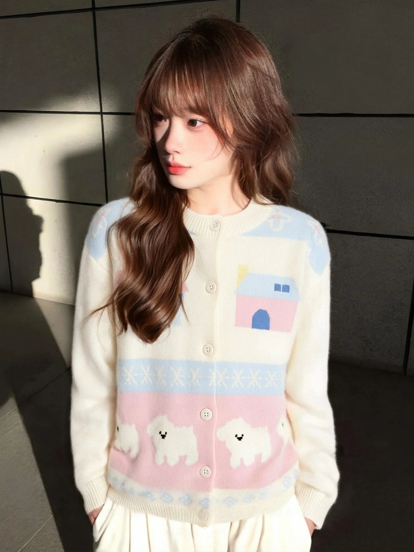 

Lazy Knitted Sweater Coat Women's Early Spring round Ne Loose College Sle Sweet Top Warmth Feels Medium Thin Long Sl...