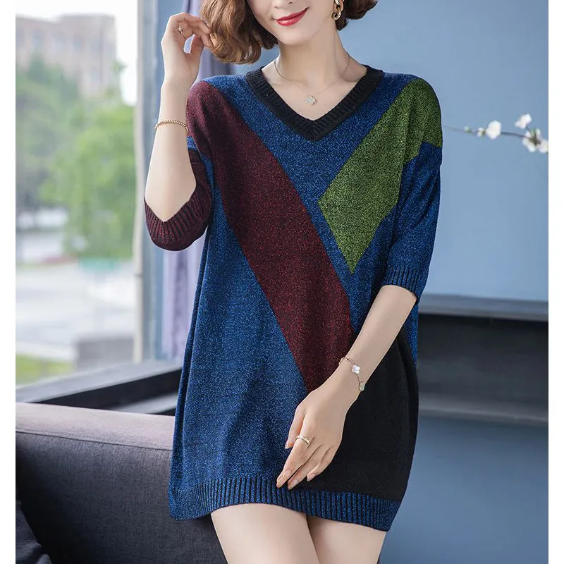 Elegant Fashion Contrast Color Patchwork V Neck Half Sleeve Pullover Knitwears Women 2023 Spring Summer Loose Tunic Ladies Tops