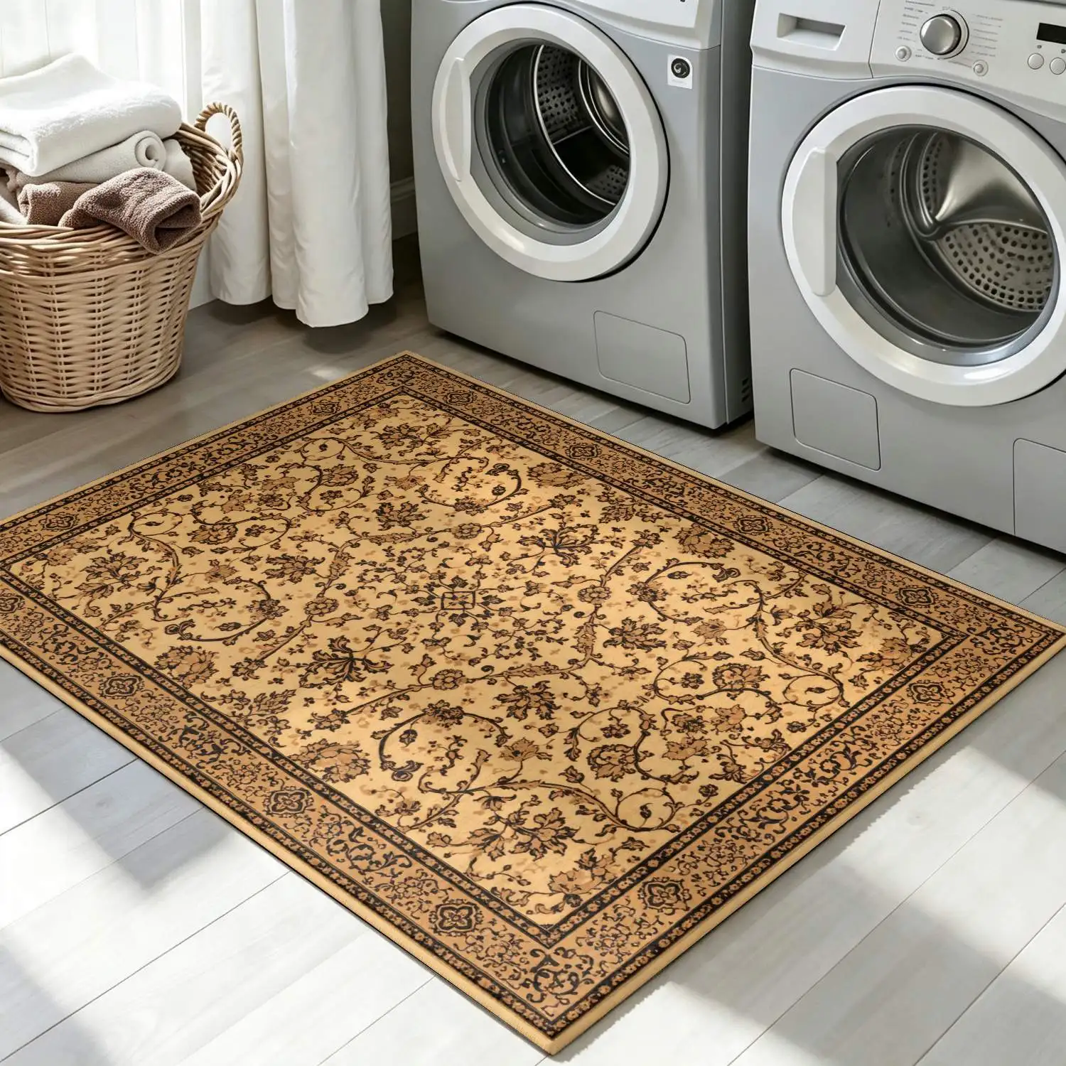 1Pc 2D Printed 1Pc Carpet: Beige-Brown Retro Floral, European Boho Style, Multi-Size, Machine Washable, for Door, Dining, Bedroom, Living Room