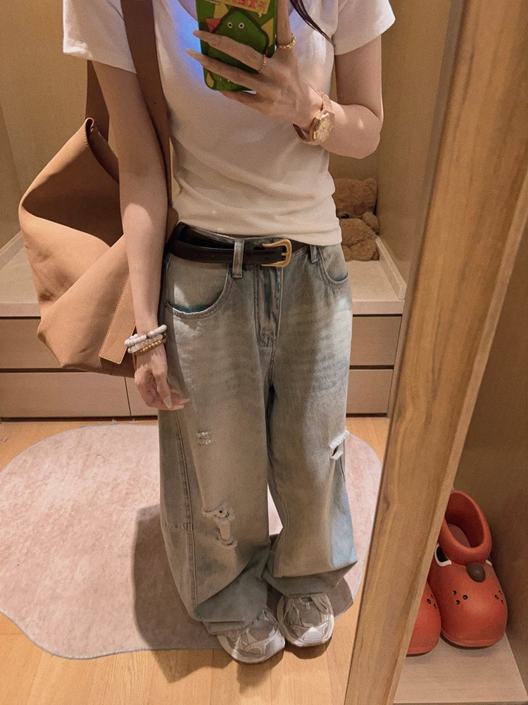 

Джинсы женские Yukiss, светло-голубые, ретро, с высокой талией, широкие прямые штанины, летние, в корейском стиле, свободные, стройнящие, выцветшие, из денима