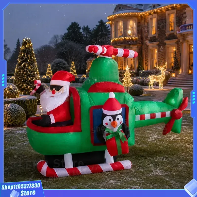 Giant Inflatable Santa Claus and Penguin on Airplane with LED Lights for Christmas Outdoor Yard Decoration Holiday Party