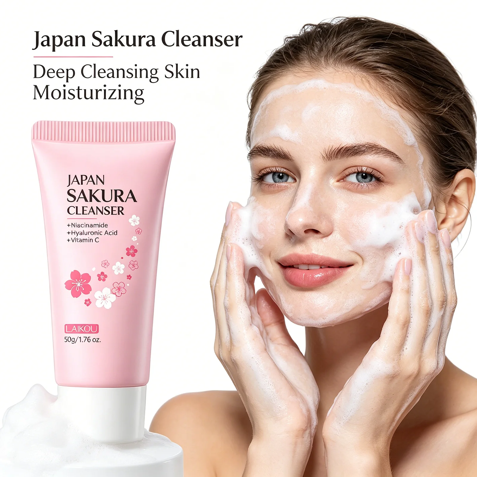 Laikou Japan Sakura Gentle Face Wash Hydrating Oil Control Niacinamide Hyaluronic Acid Daily Facial Cleanser For All Skin Types
