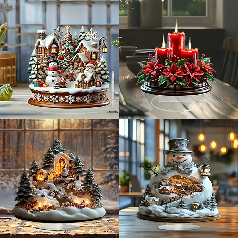 Indoor/Outdoor Home Office Decoration 2D Flat Acrylic Christmas Desk Decor With Base Snowman House Rotating Carousel Design