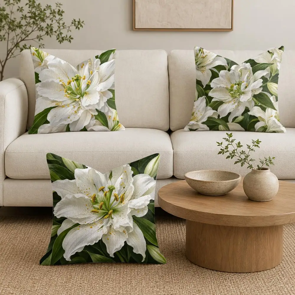 Elegant White Lilies Cushion Cover Organic Natural Linen Pillowcase with Double Sided Print for Sofa Home Decor Gift