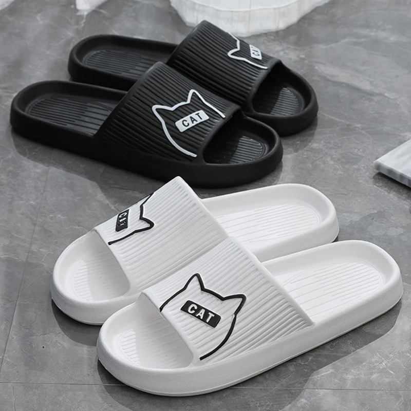 New Trend Summer Cartoon Cat Couple Home Shoes Non-slip Flat Slides Lithe Sandals For Women Men Slippers Male Indoor Flip Flops