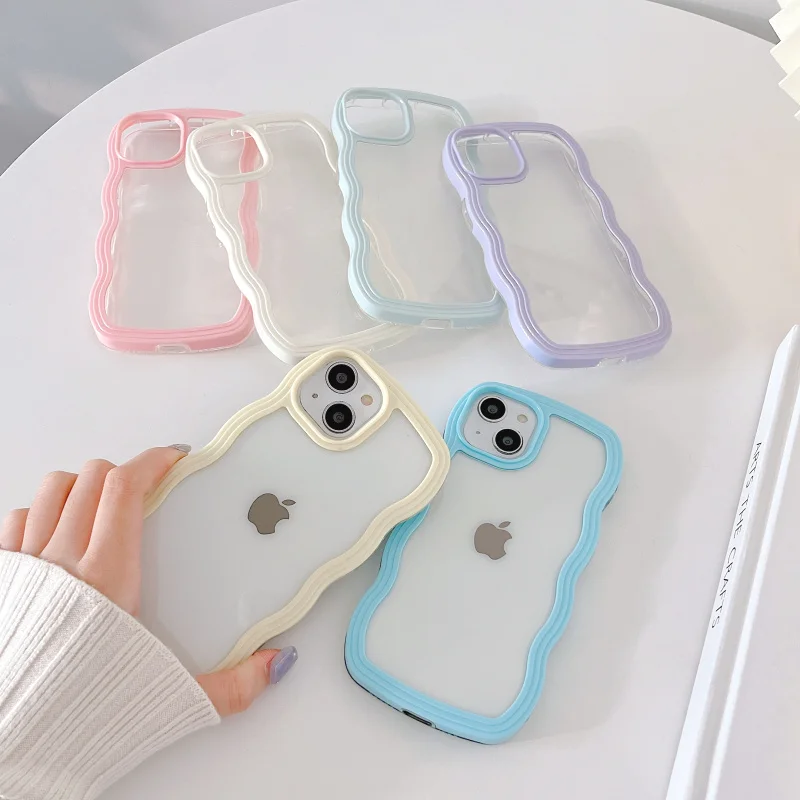 Fashion Chic Wavy Transparent Phone Case For Iphone 11 12 13 14 15 Pro Max X XR XS Shockproof Bumper Pink Blue Purple Cover