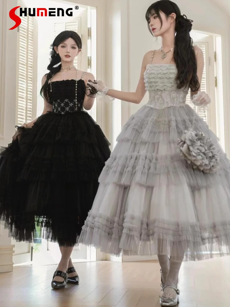 

Original Lolita Black Retro Elegant Long Dress Jsk Women Sweet Slim-Fit Mesh Stitching Birthday Dress Vestido De Fiesta Mujer