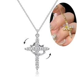 Rose Gold Rotatable Crown Cross Pendant Necklace 50cm Length Women Stainless Steel Waterproof Color Retention Chain Neck Jewelry